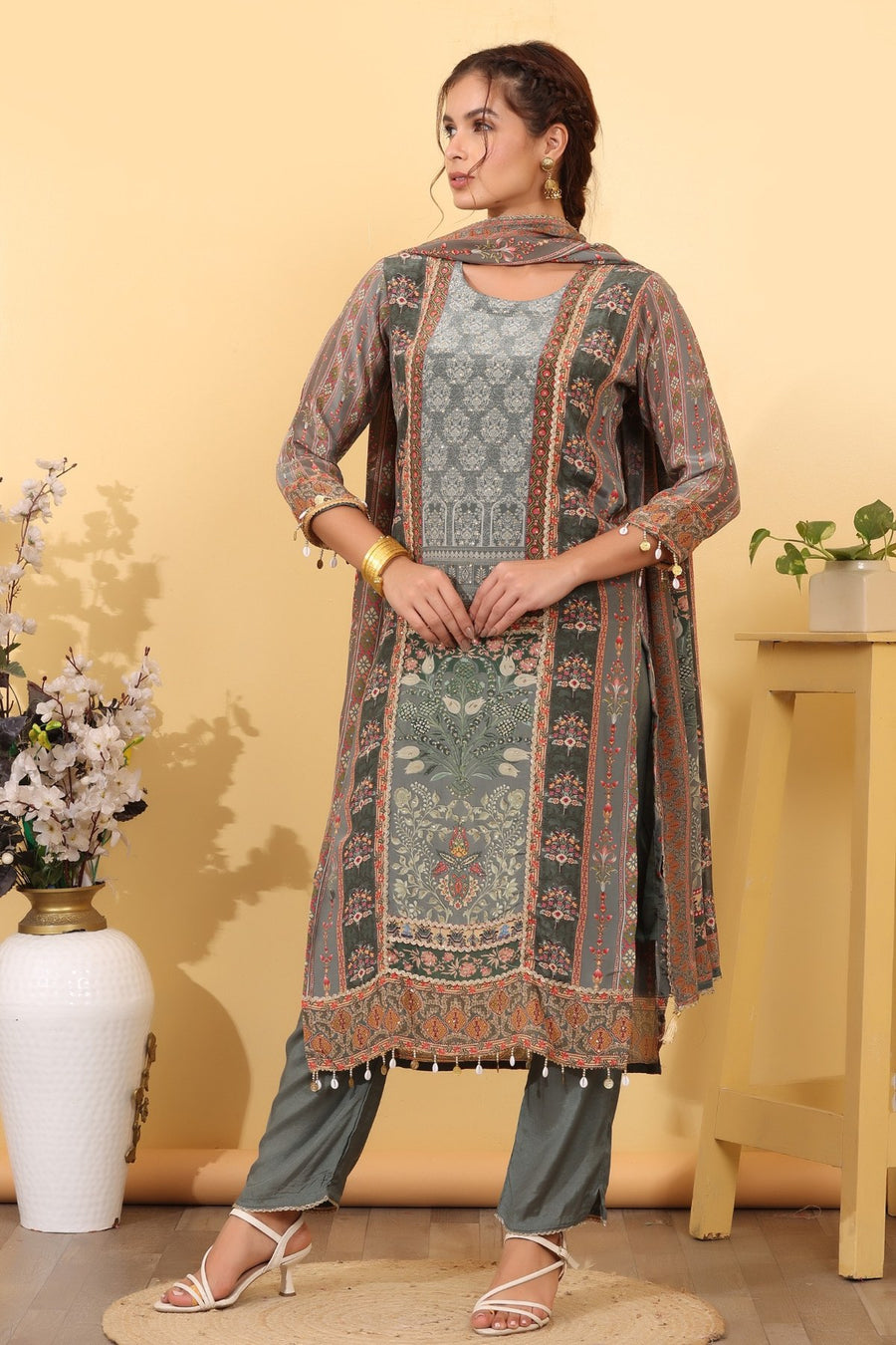 Ocean Blue Silk Blend Printed & Embroidered Suit Set