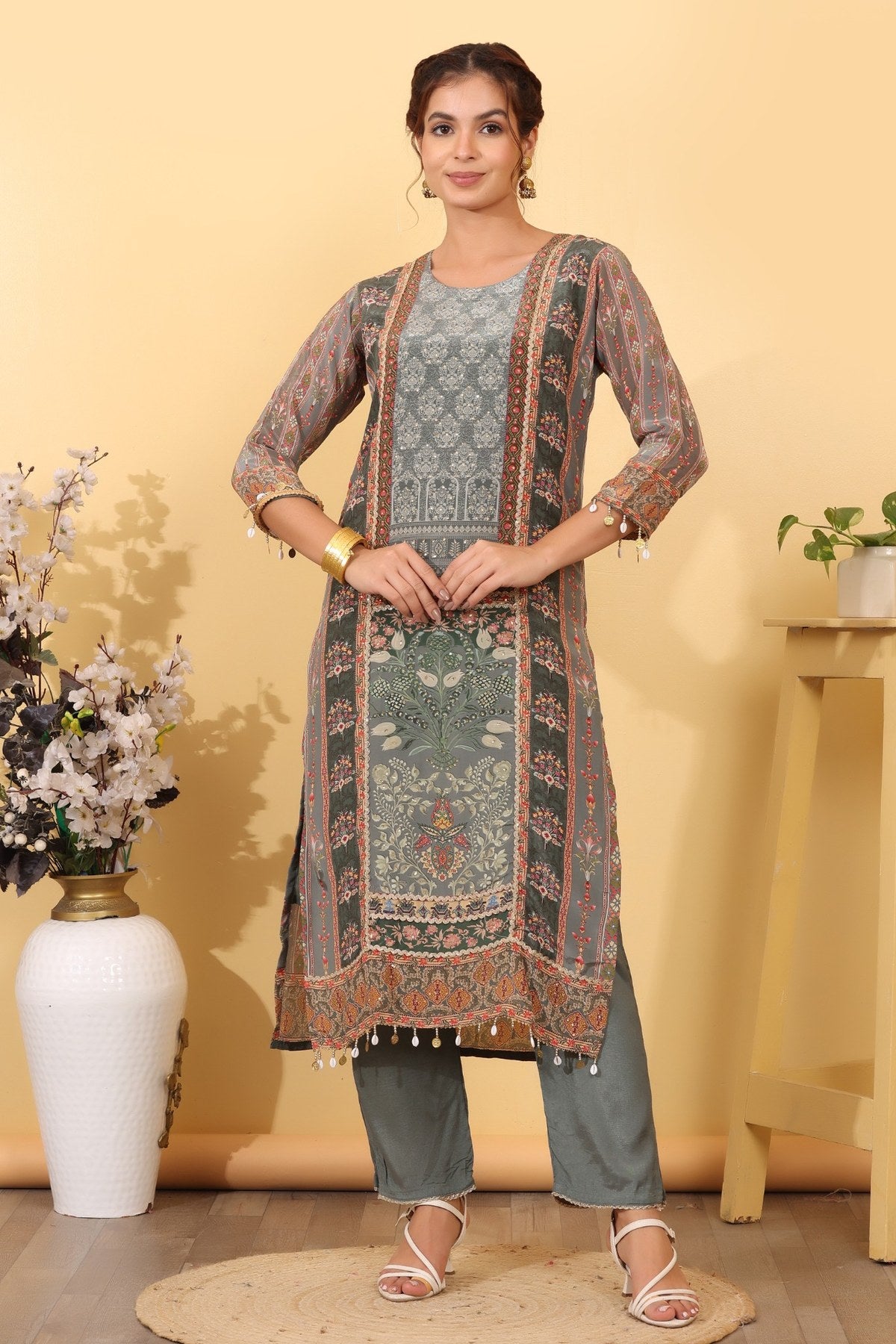 Ocean Blue Silk Blend Printed & Embroidered Suit Set