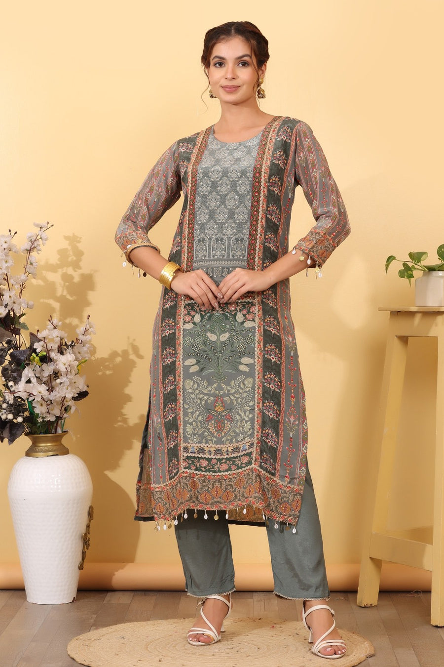 Ocean Blue Silk Blend Printed & Embroidered Suit Set