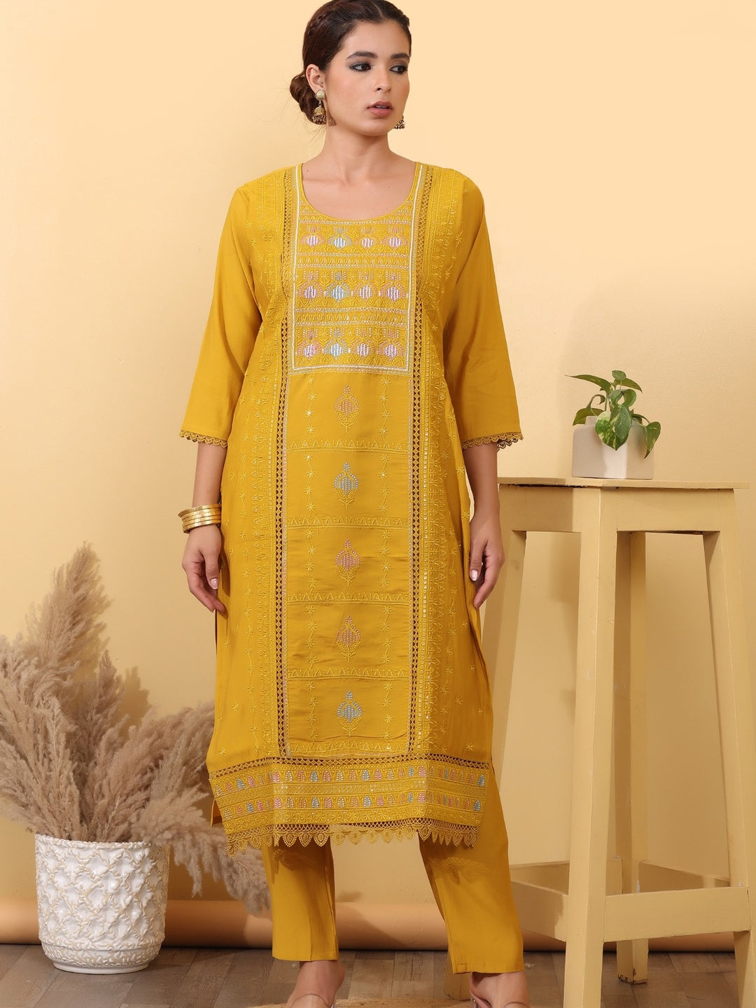 Mustard Yellow Embroidered Cotton Straight Kurta Set with Pants & Dupatta
