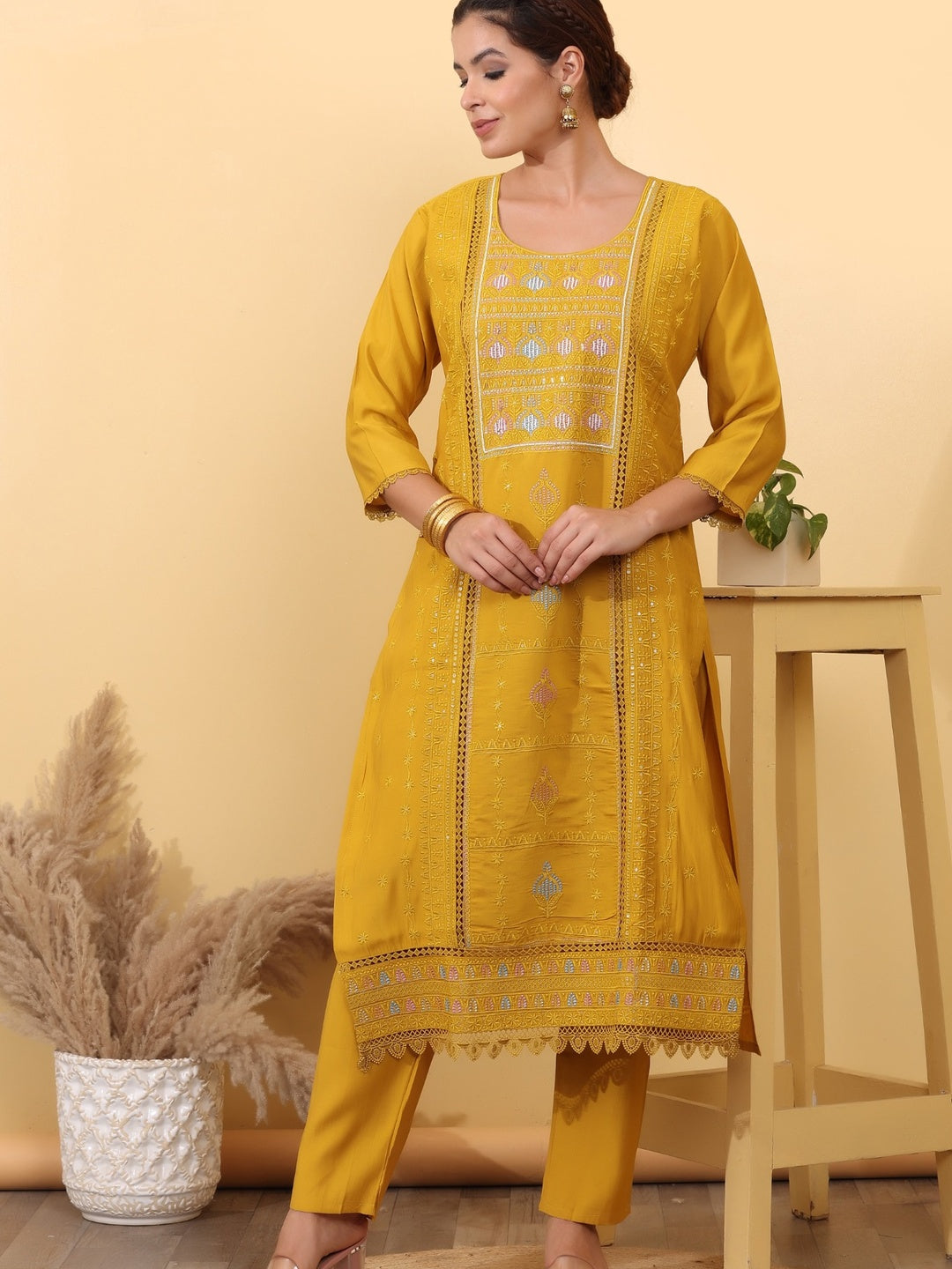 Mustard Yellow Embroidered Cotton Straight Kurta Set with Pants & Dupatta