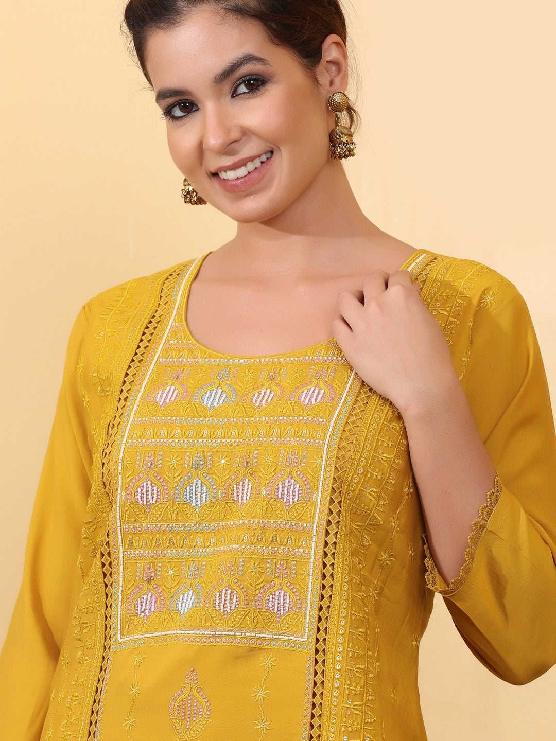 Mustard Yellow Embroidered Cotton Straight Kurta Set with Pants & Dupatta