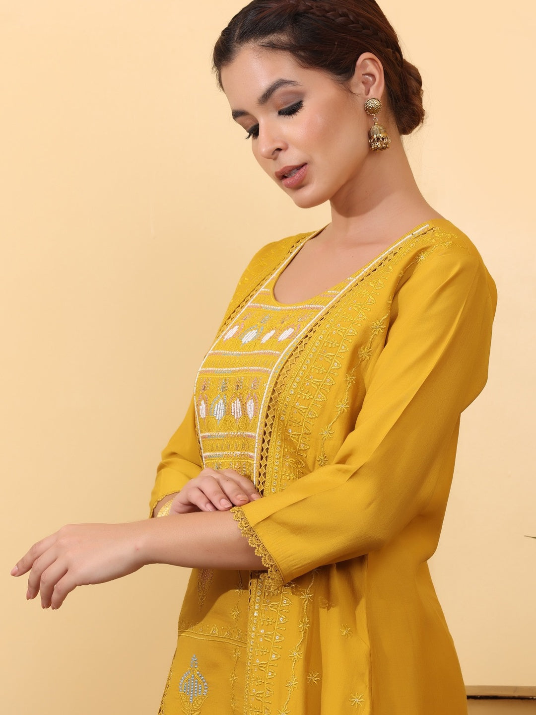 Mustard Yellow Embroidered Cotton Straight Kurta Set with Pants & Dupatta