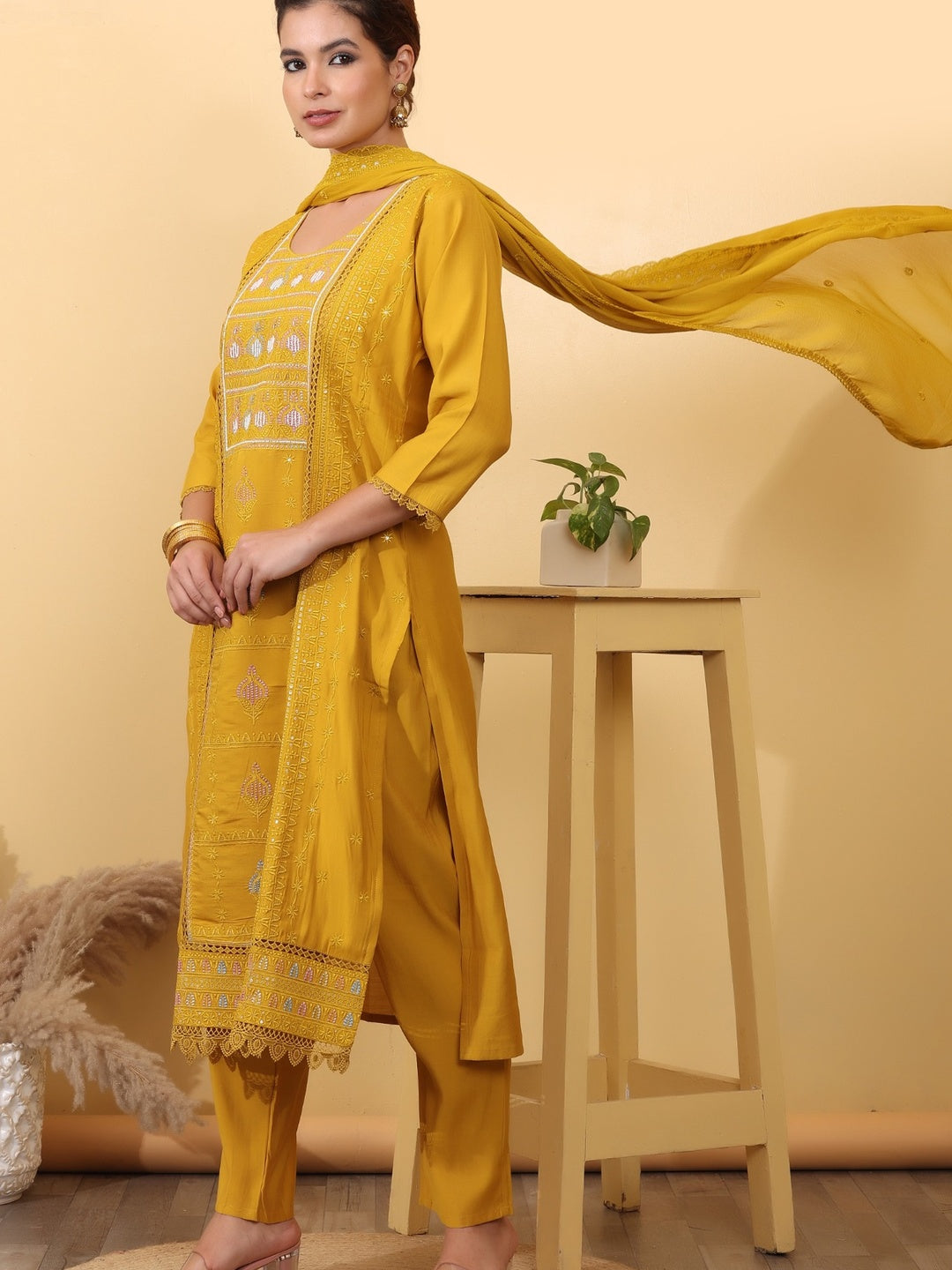 Mustard Yellow Embroidered Cotton Straight Kurta Set with Pants & Dupatta
