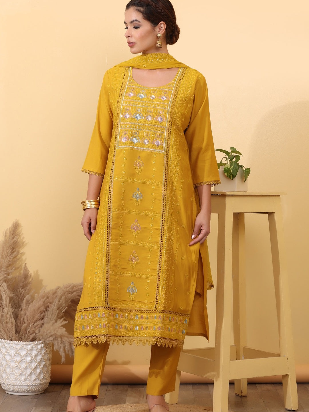 Mustard Yellow Embroidered Cotton Straight Kurta Set with Pants & Dupatta