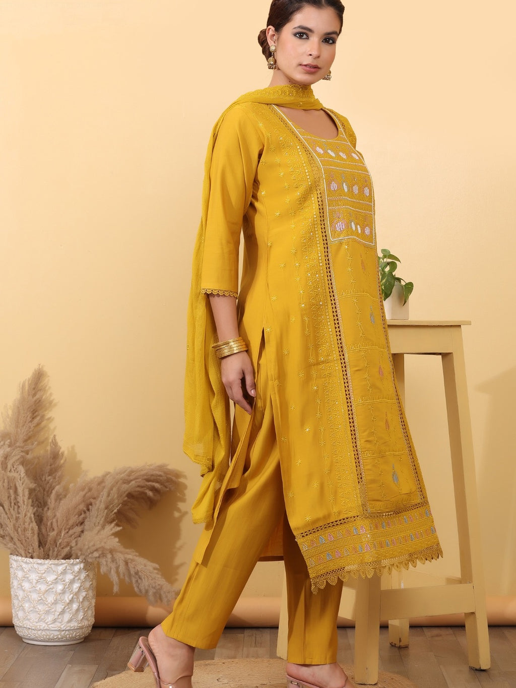 Mustard Yellow Embroidered Cotton Straight Kurta Set with Pants & Dupatta
