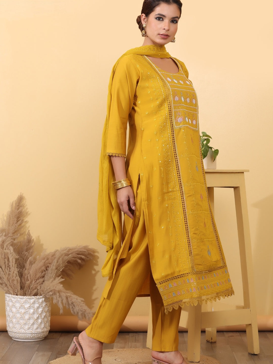 Mustard Yellow Embroidered Cotton Straight Kurta Set with Pants & Dupatta