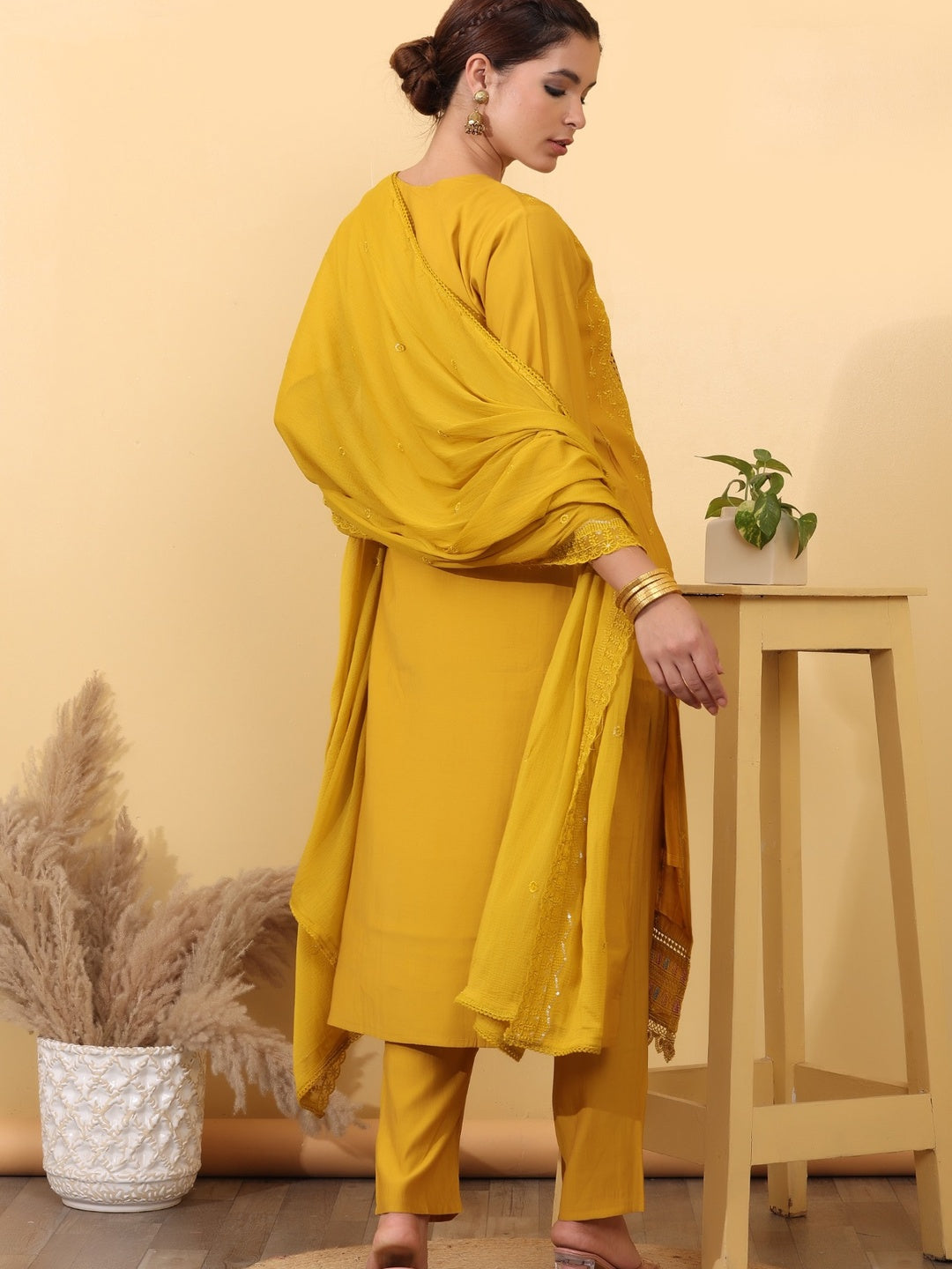 Mustard Yellow Embroidered Cotton Straight Kurta Set with Pants & Dupatta