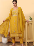 Mustard Yellow Embroidered Cotton Straight Kurta Set with Pants & Dupatta