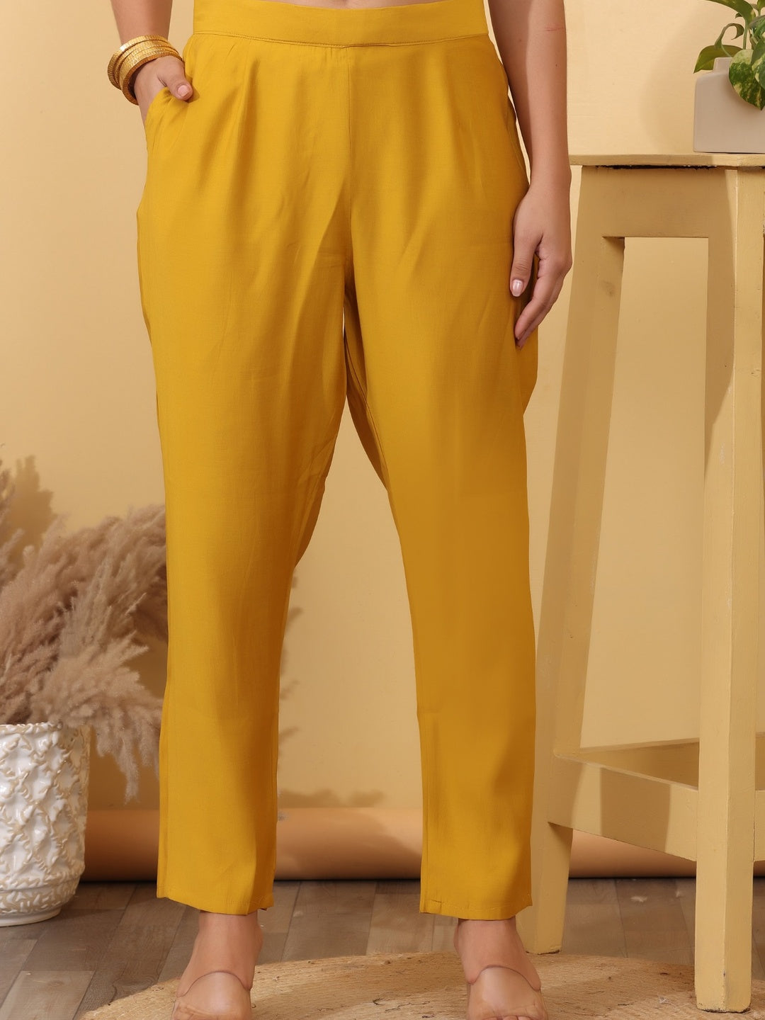 Mustard Yellow Embroidered Cotton Straight Kurta Set with Pants & Dupatta