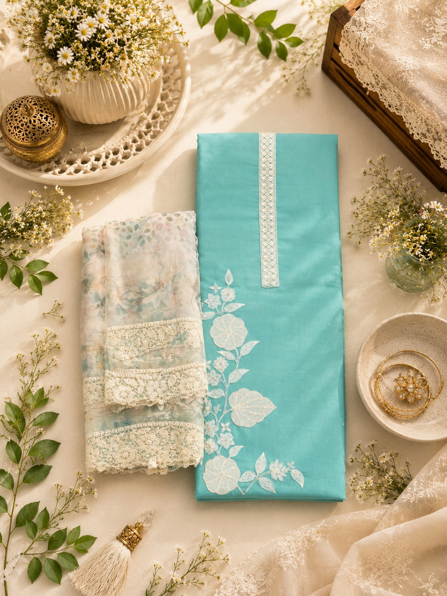 Aqua Sky Muslin Unstitched Suit Set