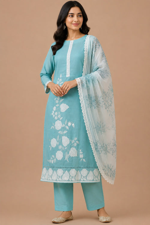 Aqua Sky Muslin Unstitched Suit Set