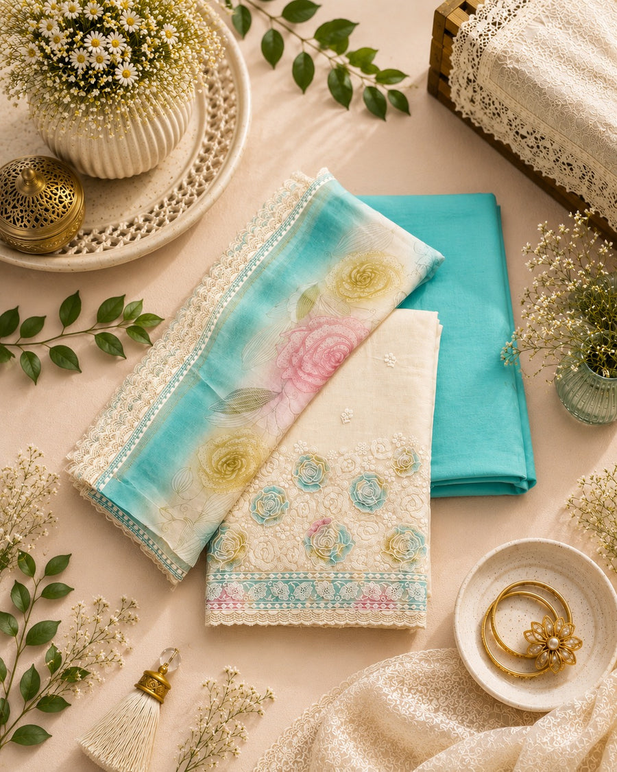 Creamy Sky Muslin Unstitched Dress Material with Floral Printed Dupatta
