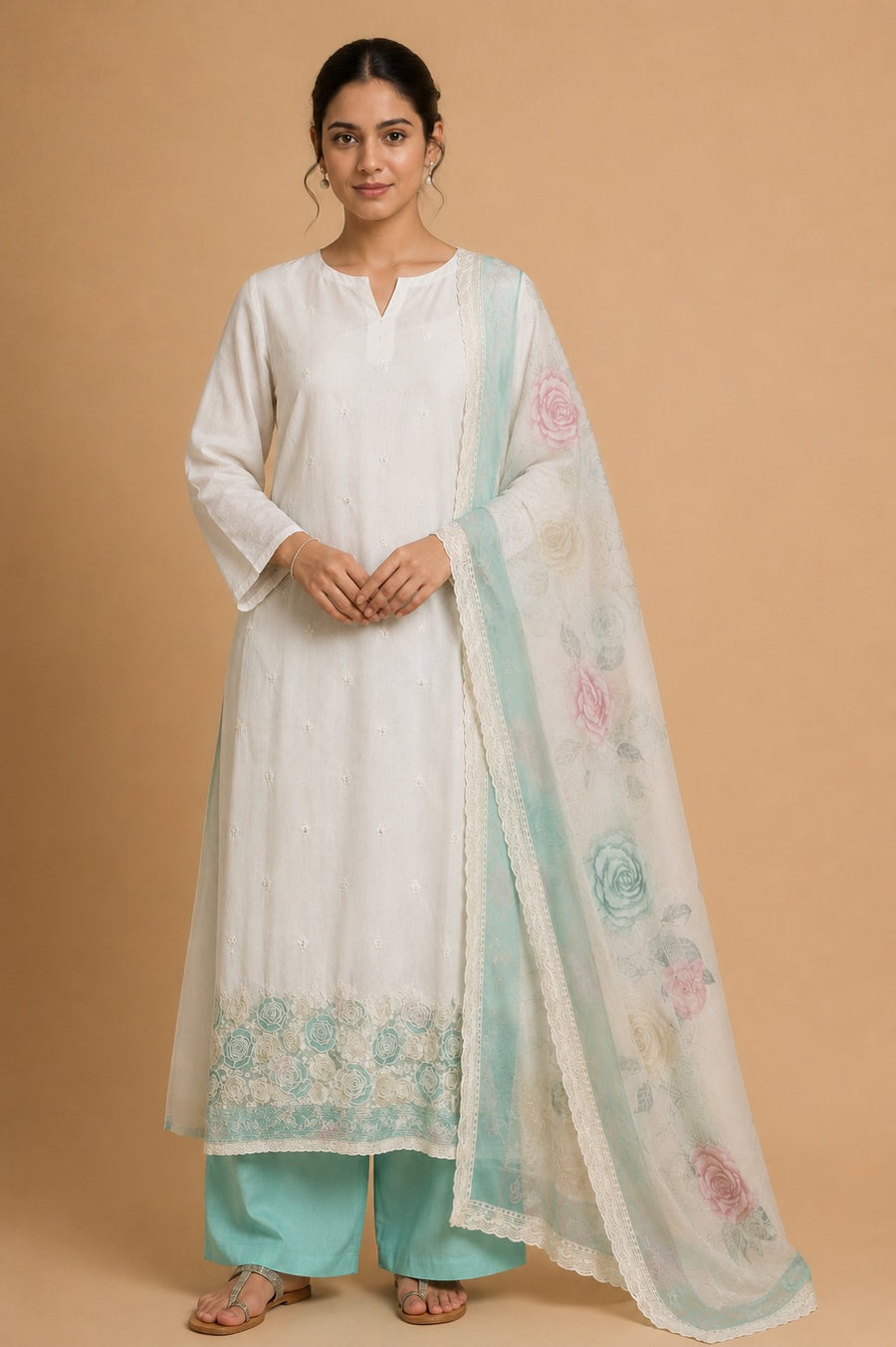 Creamy Sky Muslin Unstitched Dress Material with Floral Printed Dupatta