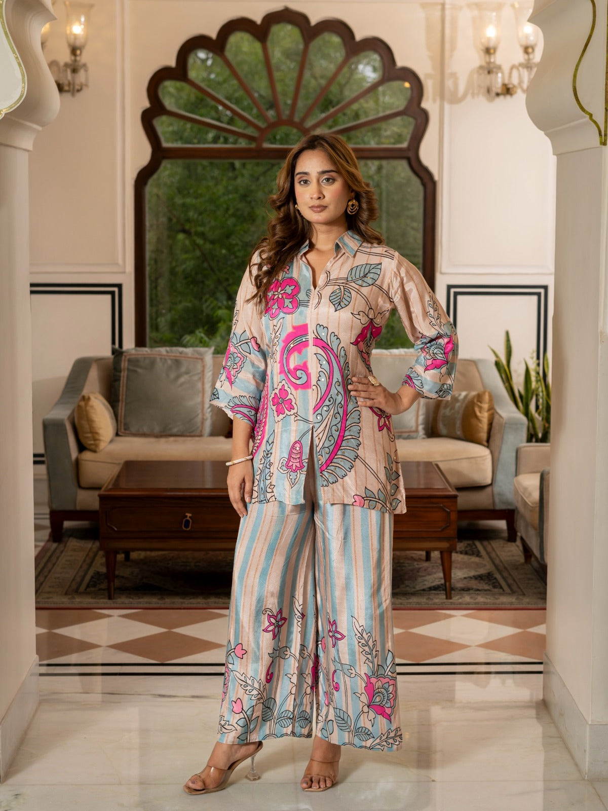 Beige & Blue Floral Printed Co-Ord Set HSDAACSKN000003