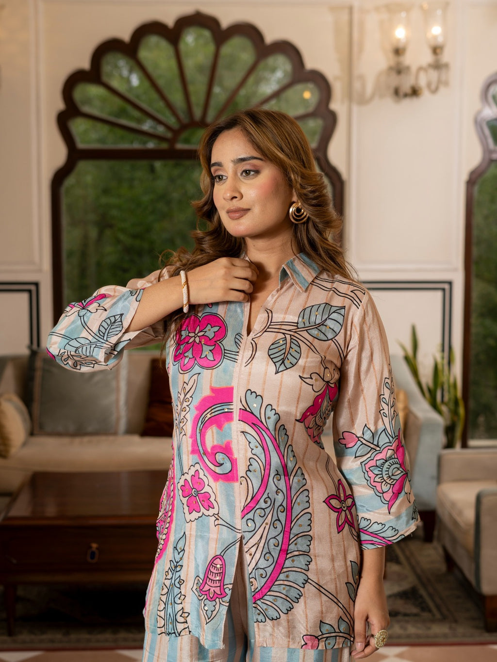 Beige & Blue Floral Printed Co-Ord Set HSDAACSKN000003
