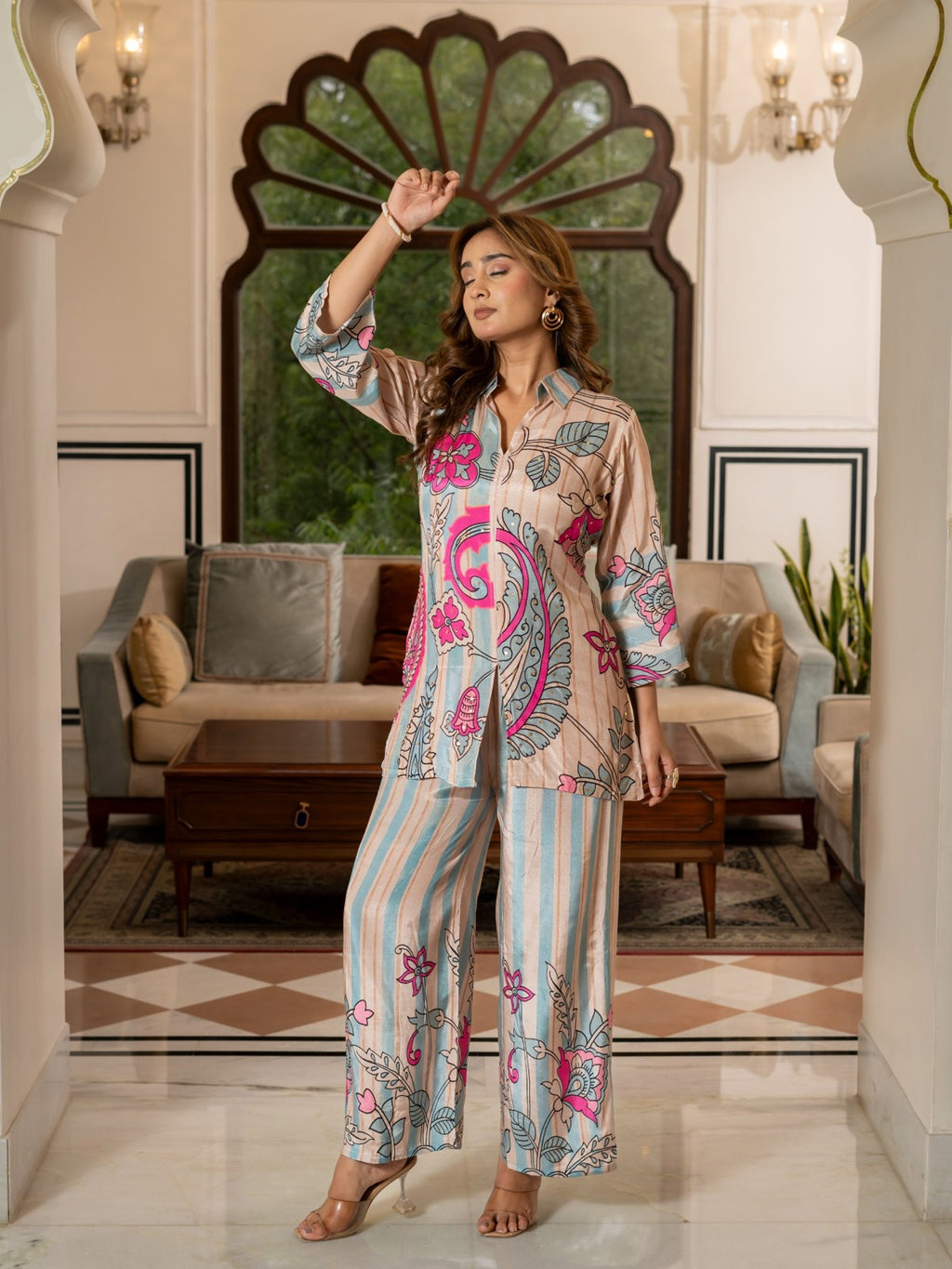 Beige & Blue Floral Printed Co-Ord Set HSDAACSKN000003