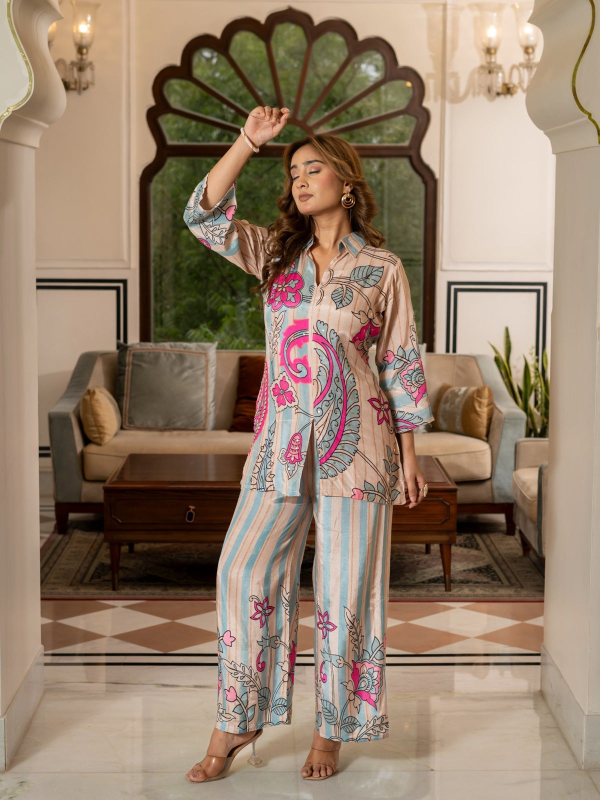 Beige & Blue Floral Printed Co-Ord Set HSDAACSKN000003