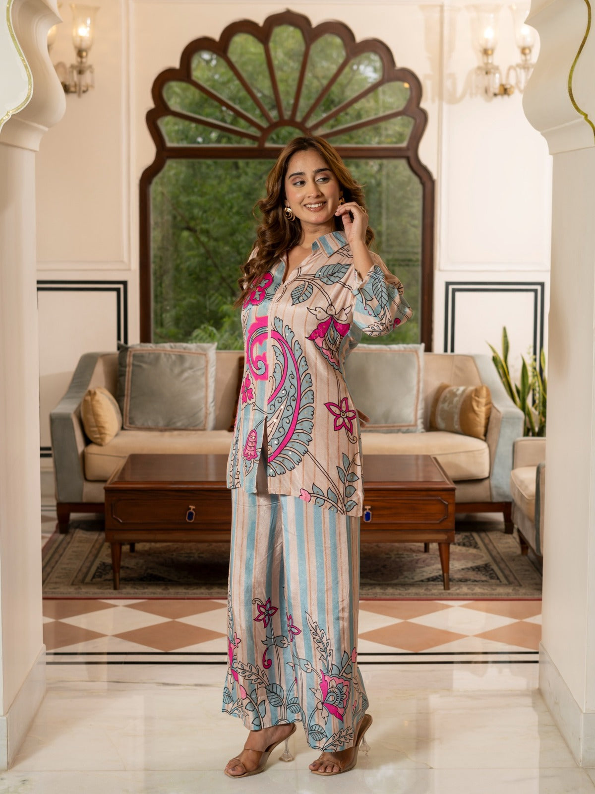 Beige & Blue Floral Printed Co-Ord Set HSDAACSKN000003