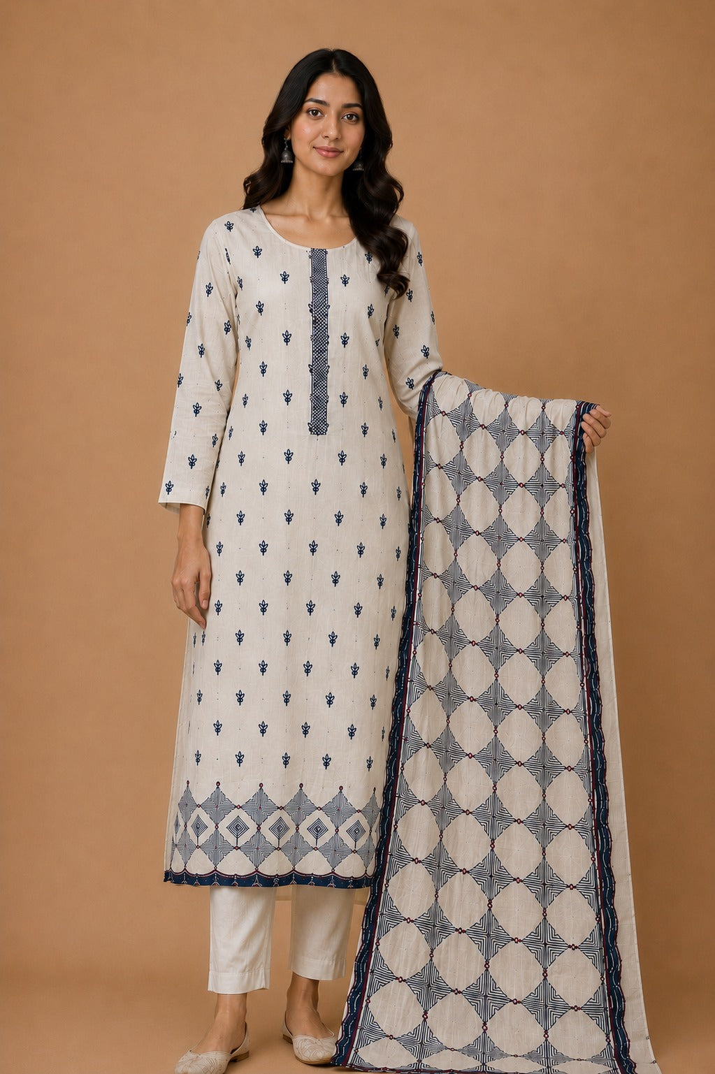 Fawn Blue Mal Chanderi Unstitched Suit Set