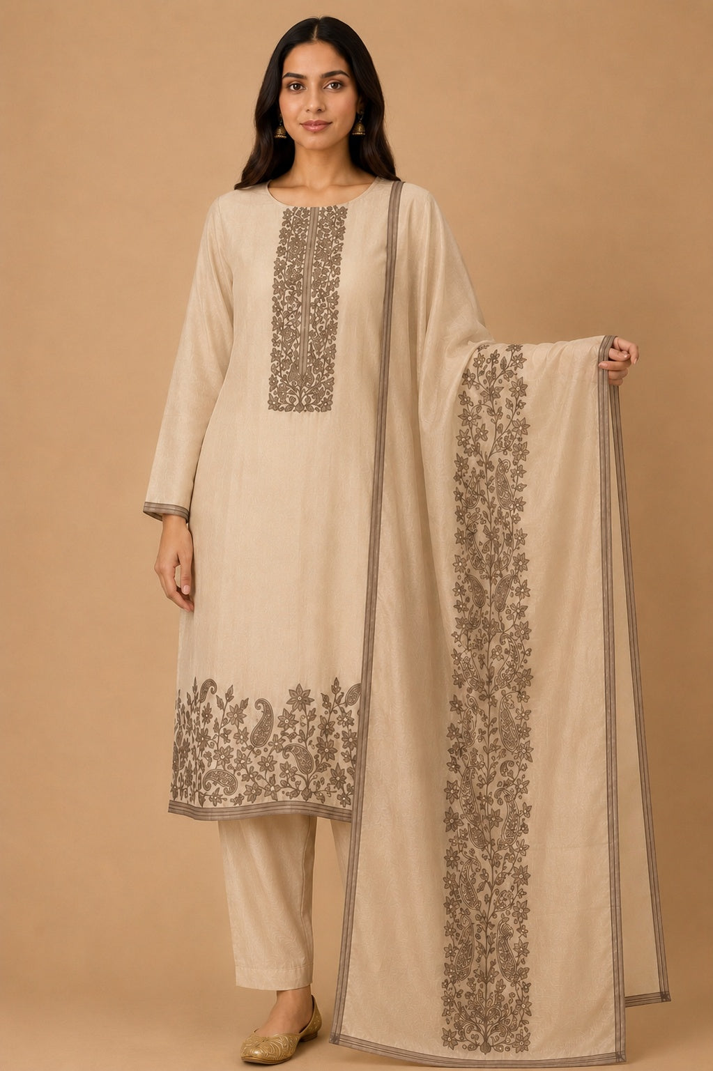Brown Mulberry Silk Unstitched Suit Set