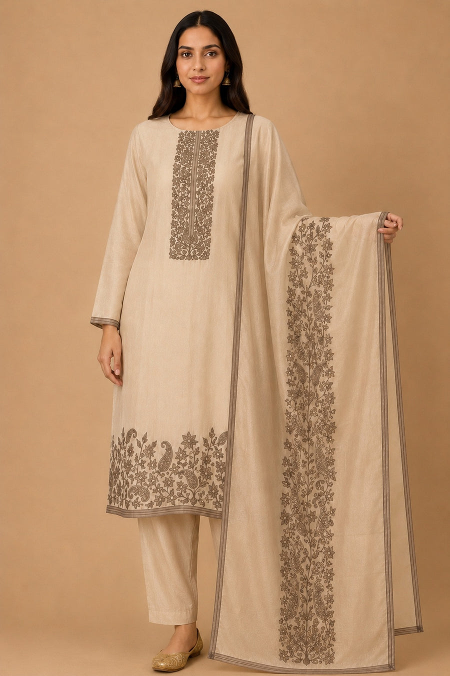 Brown Mulberry Silk Unstitched Suit Set