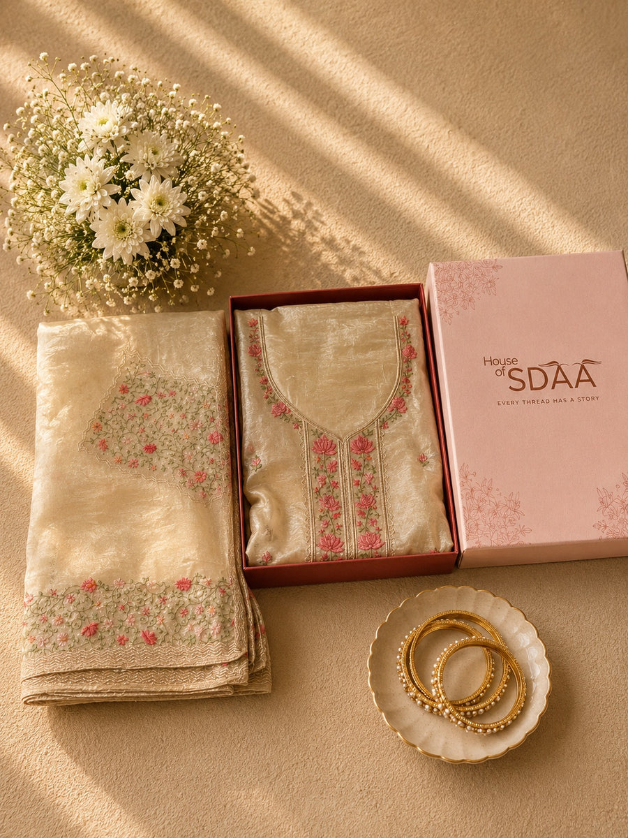 Beige Pink Dolamite Unstitched Suit Set