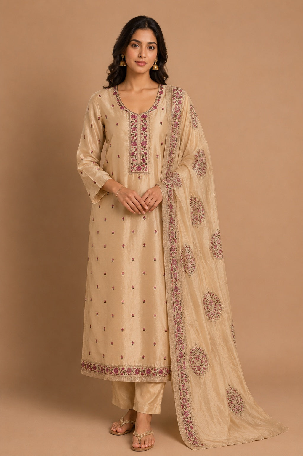 Beige Pink Dolamite Unstitched Suit Set