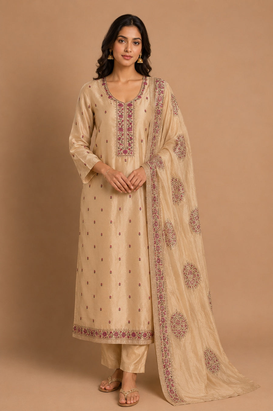 Beige Pink Dolamite Unstitched Suit Set