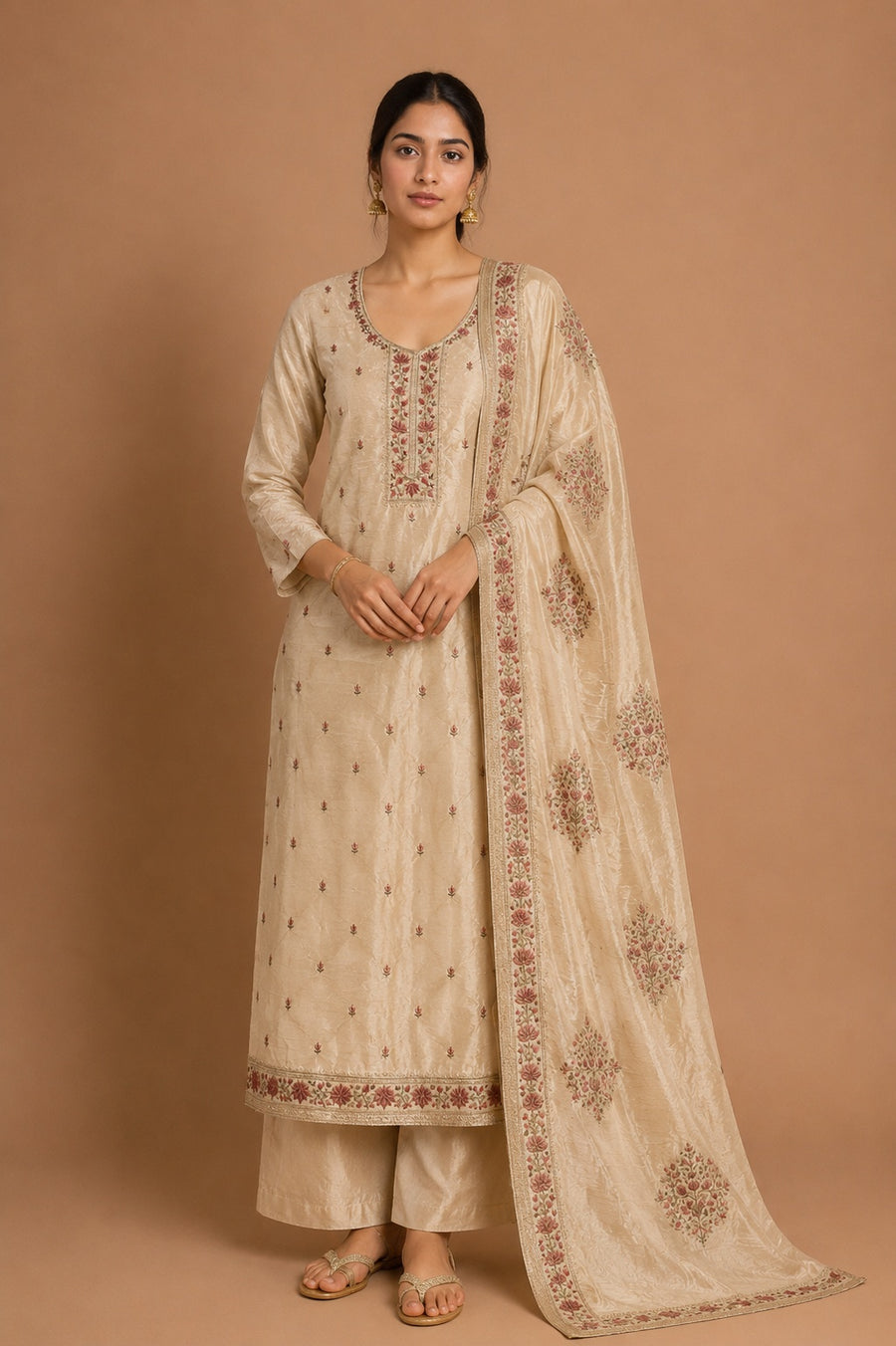 Beige Rust Dolamite Unstitched Suit Set