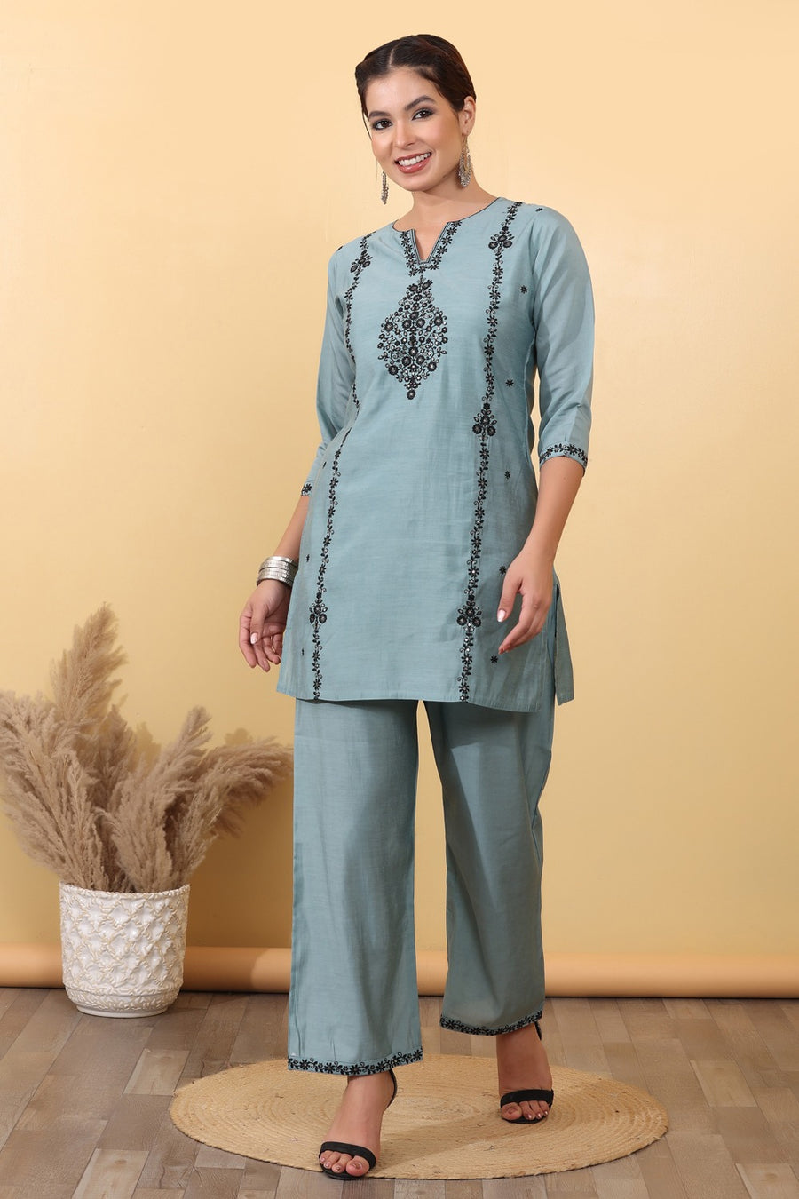 Dusty Blue Embroidered Co-Ord Set for Women