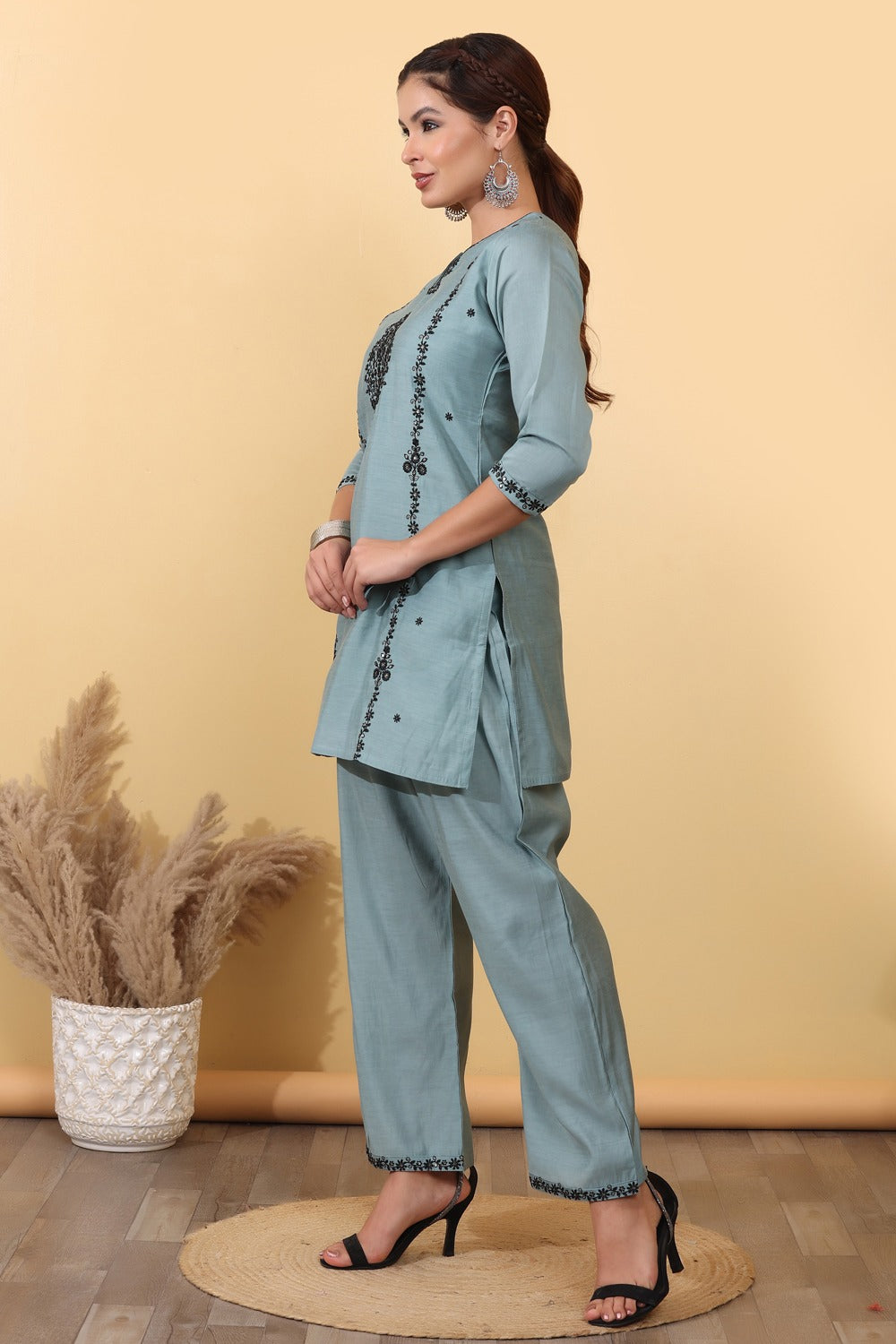 Dusty Blue Embroidered Co-Ord Set for Women  HSDAACSTP000010