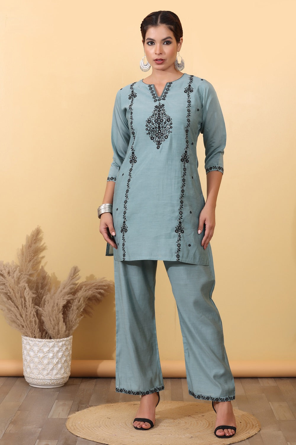 Dusty Blue Embroidered Co-Ord Set for Women  HSDAACSTP000010