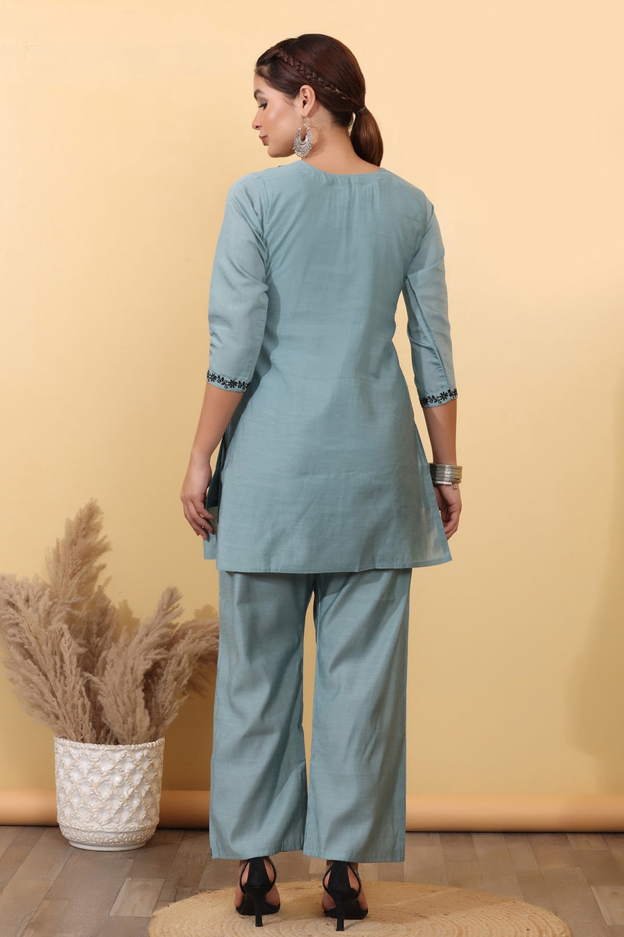 Dusty Blue Embroidered Co-Ord Set for Women