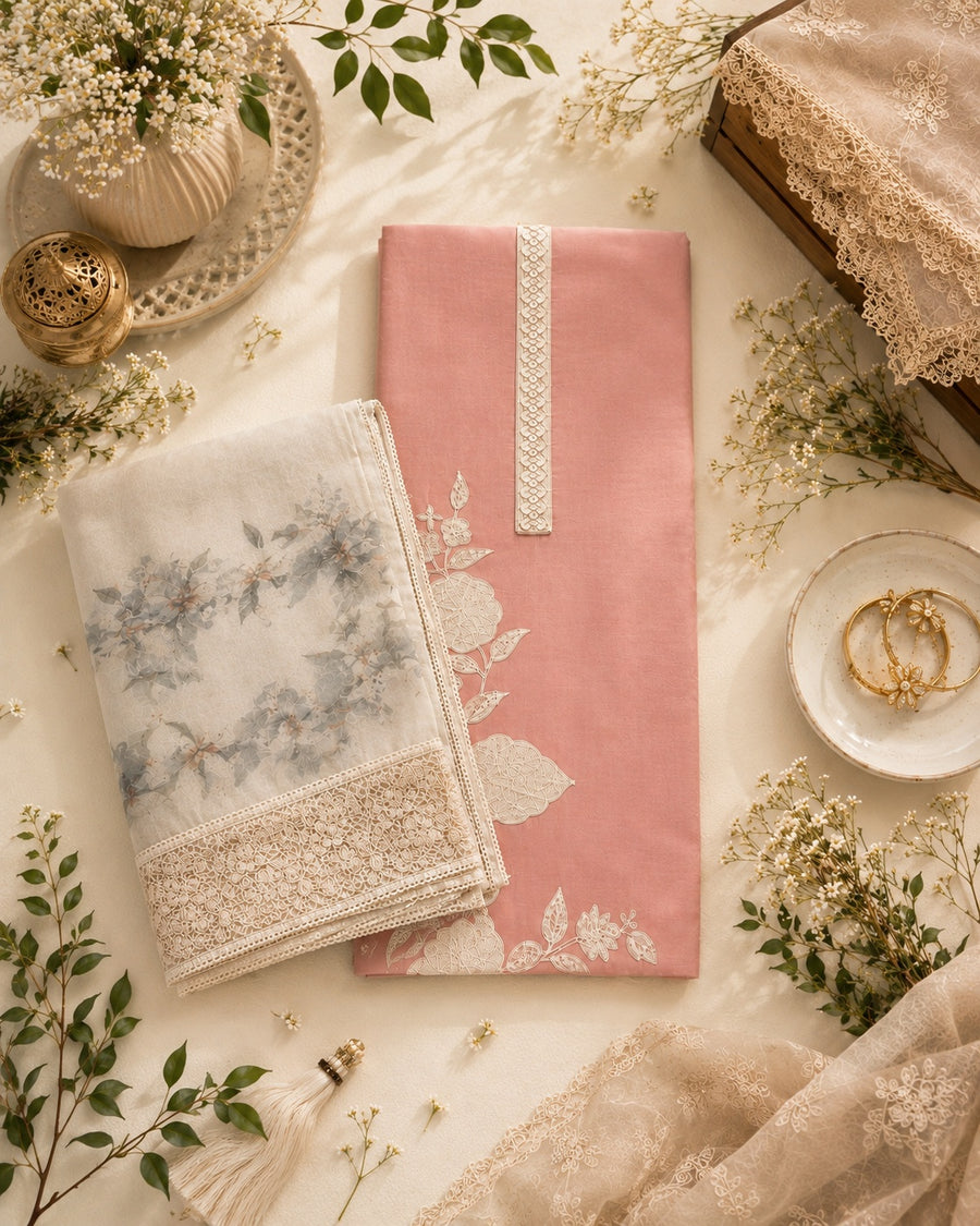 Blush Peach Muslin Unstitched Suit Set