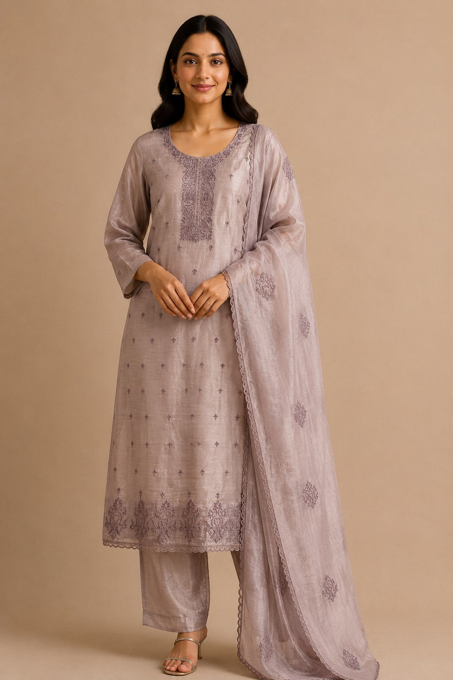 Mauve Embroidered Tissue Silk Unstitched Dress Material