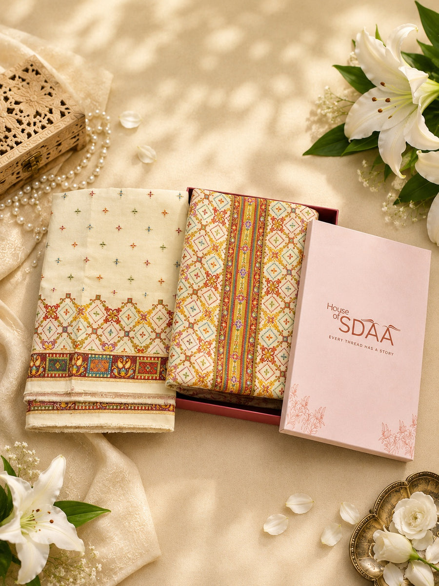 Cream Jacquard Style Unstitched Suit Set