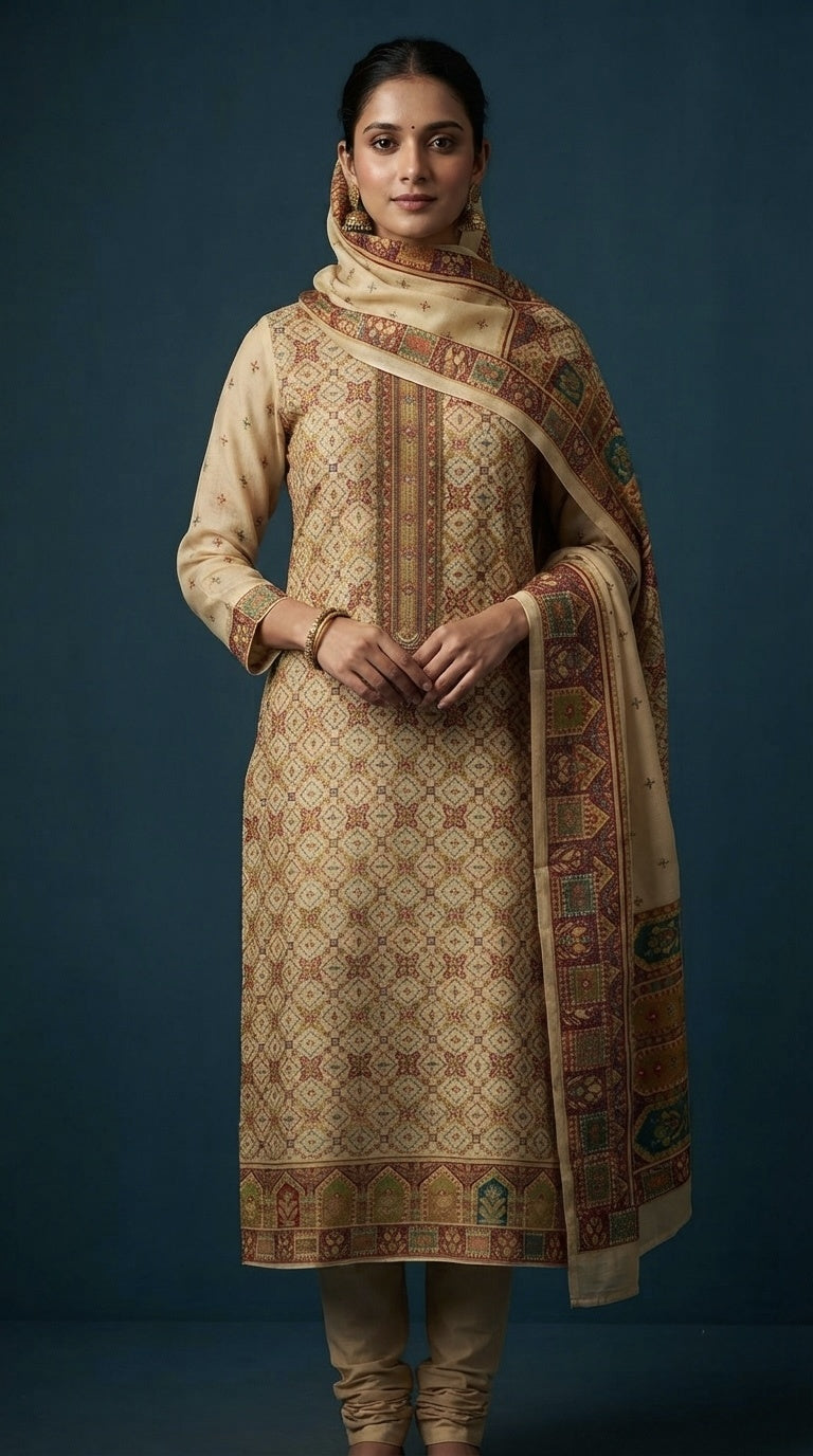 Cream Jacquard Style Unstitched Suit Set