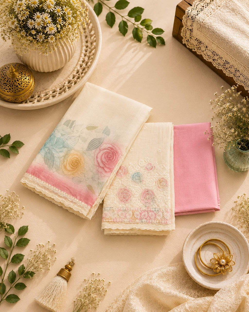 Cream Pink Muslin Unstitched Suit Set with Printed Dupatta