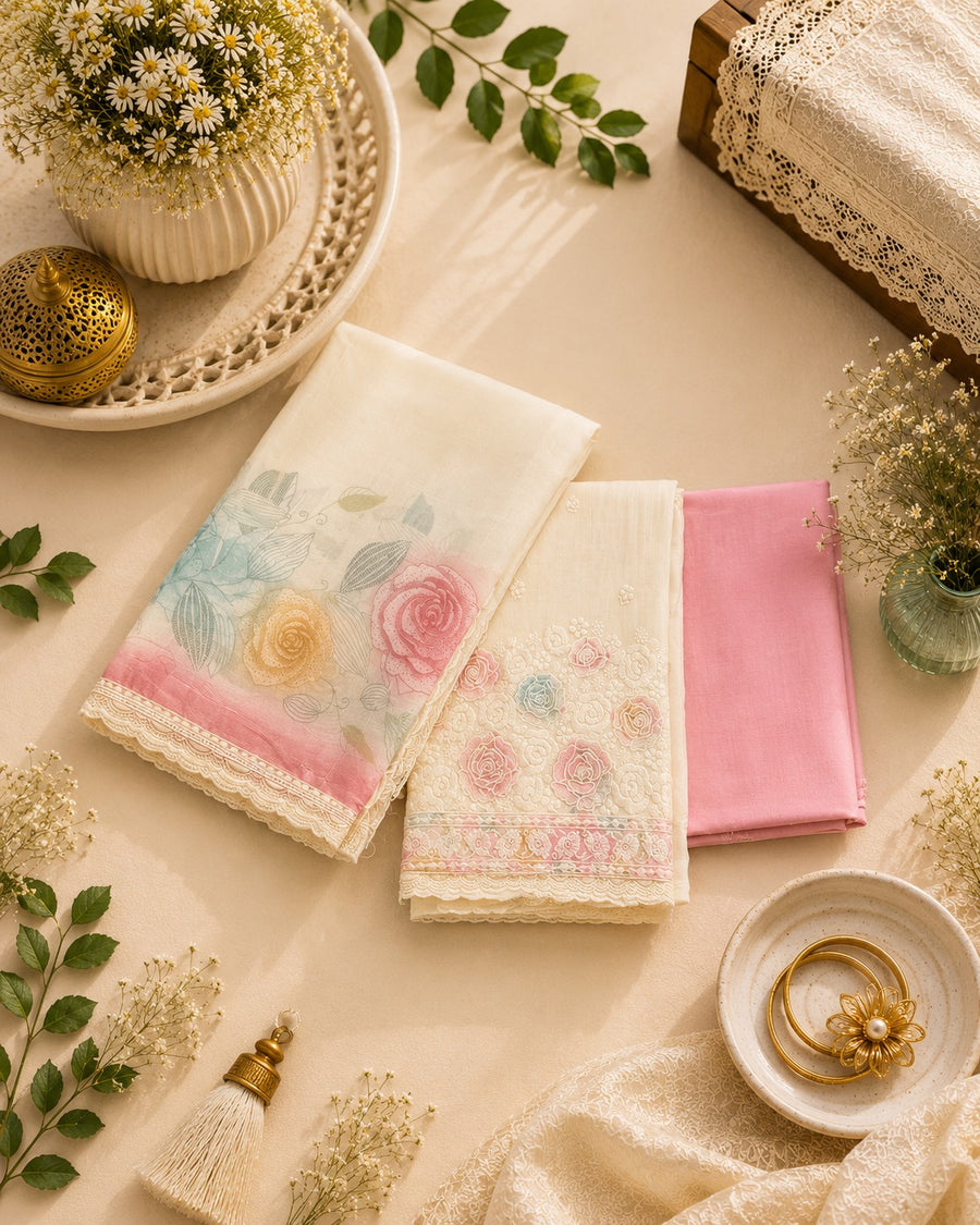 Cream Pink Muslin Unstitched Suit Set with Printed Dupatta