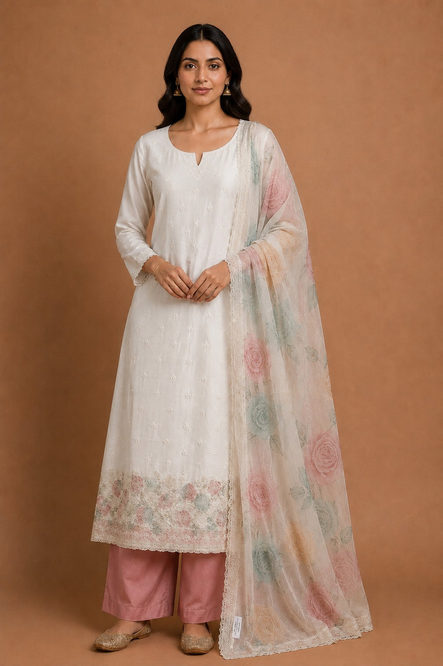 Cream Pink Muslin Unstitched Suit Set with Printed Dupatta