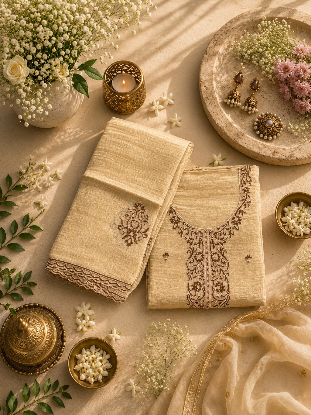 Gold Embroidered Tissue Silk Unstitched Dress Material
