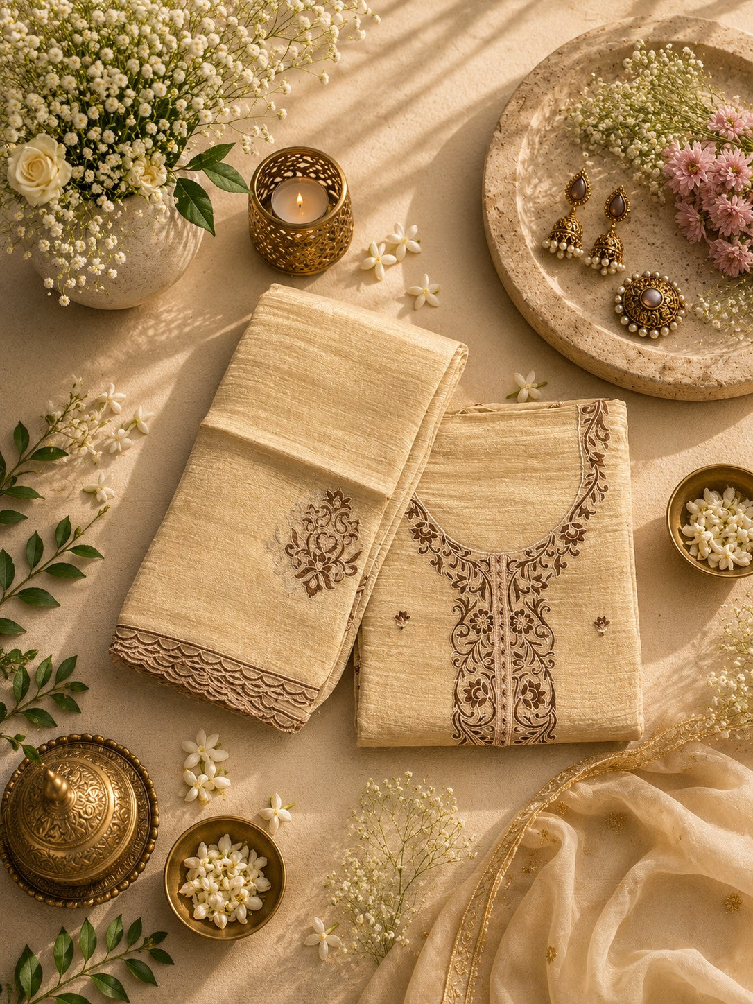 Gold Embroidered Tissue Silk Unstitched Dress Material