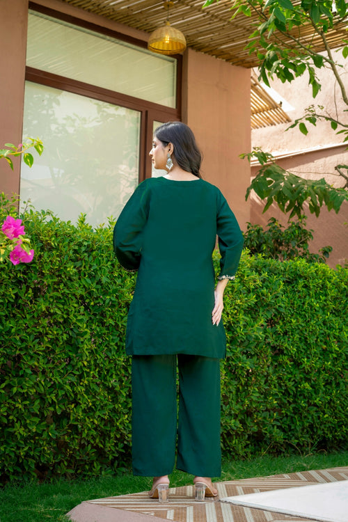 Emerald Green Embroidered Co-Ord Set for Women HSDAACSTP000002