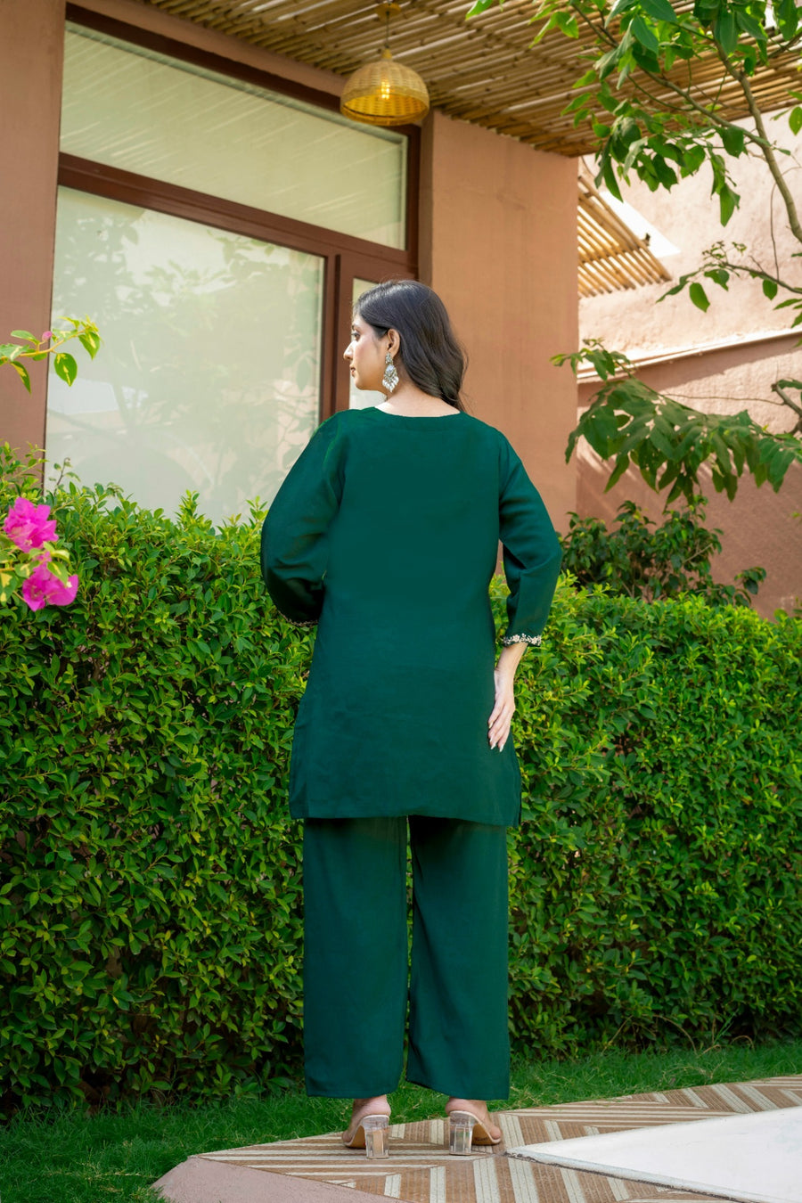 Emerald Green Embroidered Co-Ord Set for Women HSDAACSTP000002