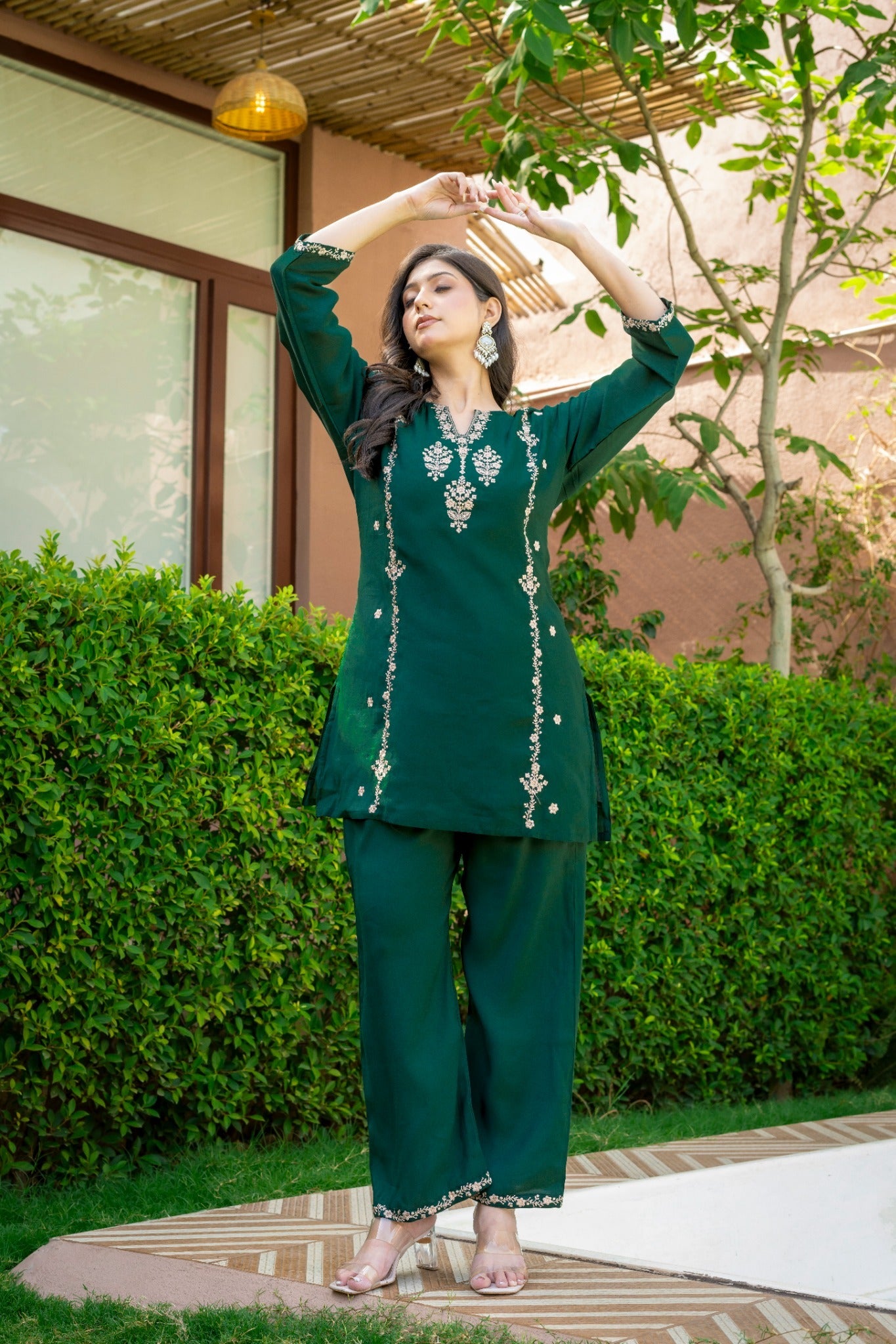 Emerald Green Embroidered Co-Ord Set for Women HSDAACSTP000002