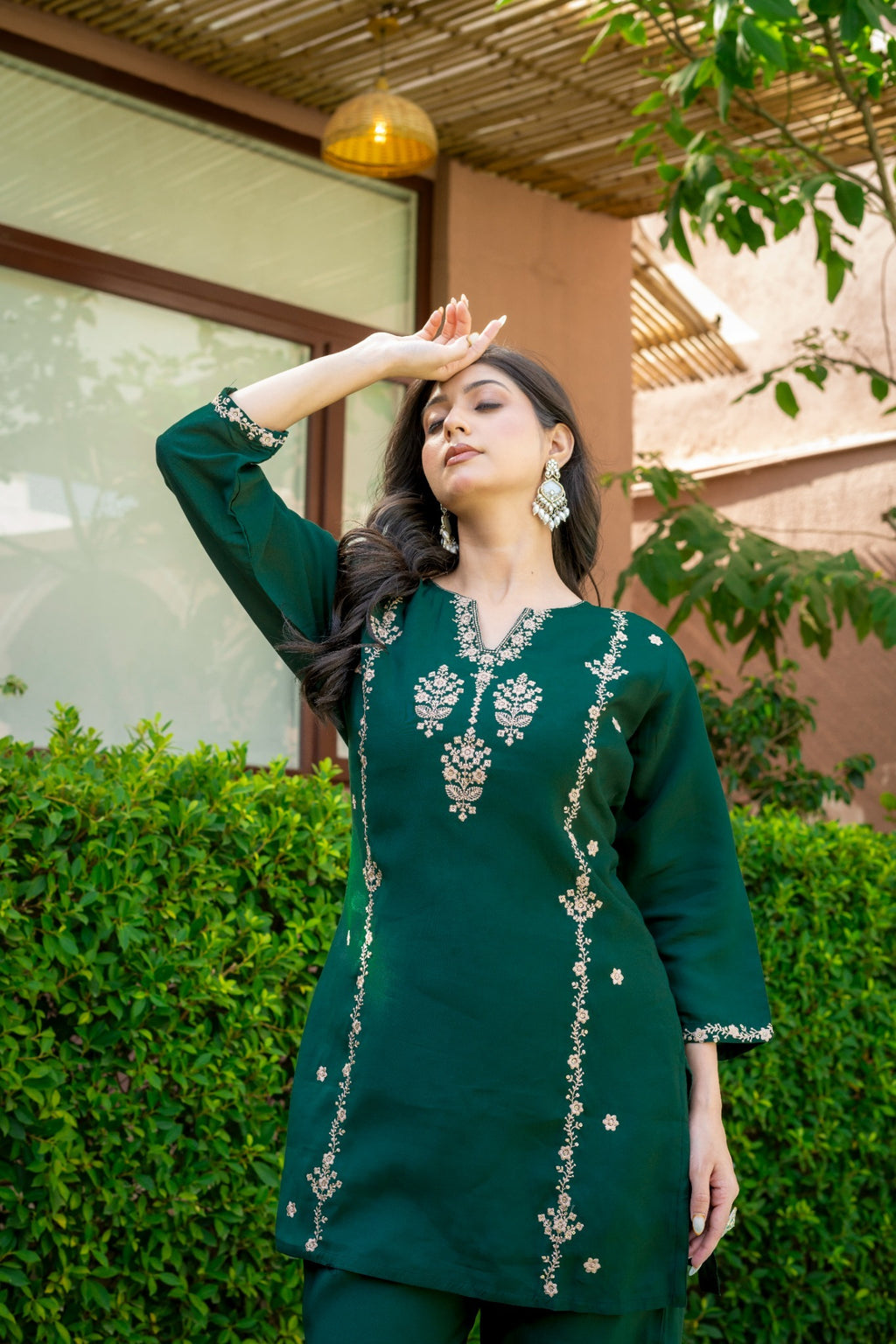 Emerald Green Embroidered Co-Ord Set for Women HSDAACSTP000002
