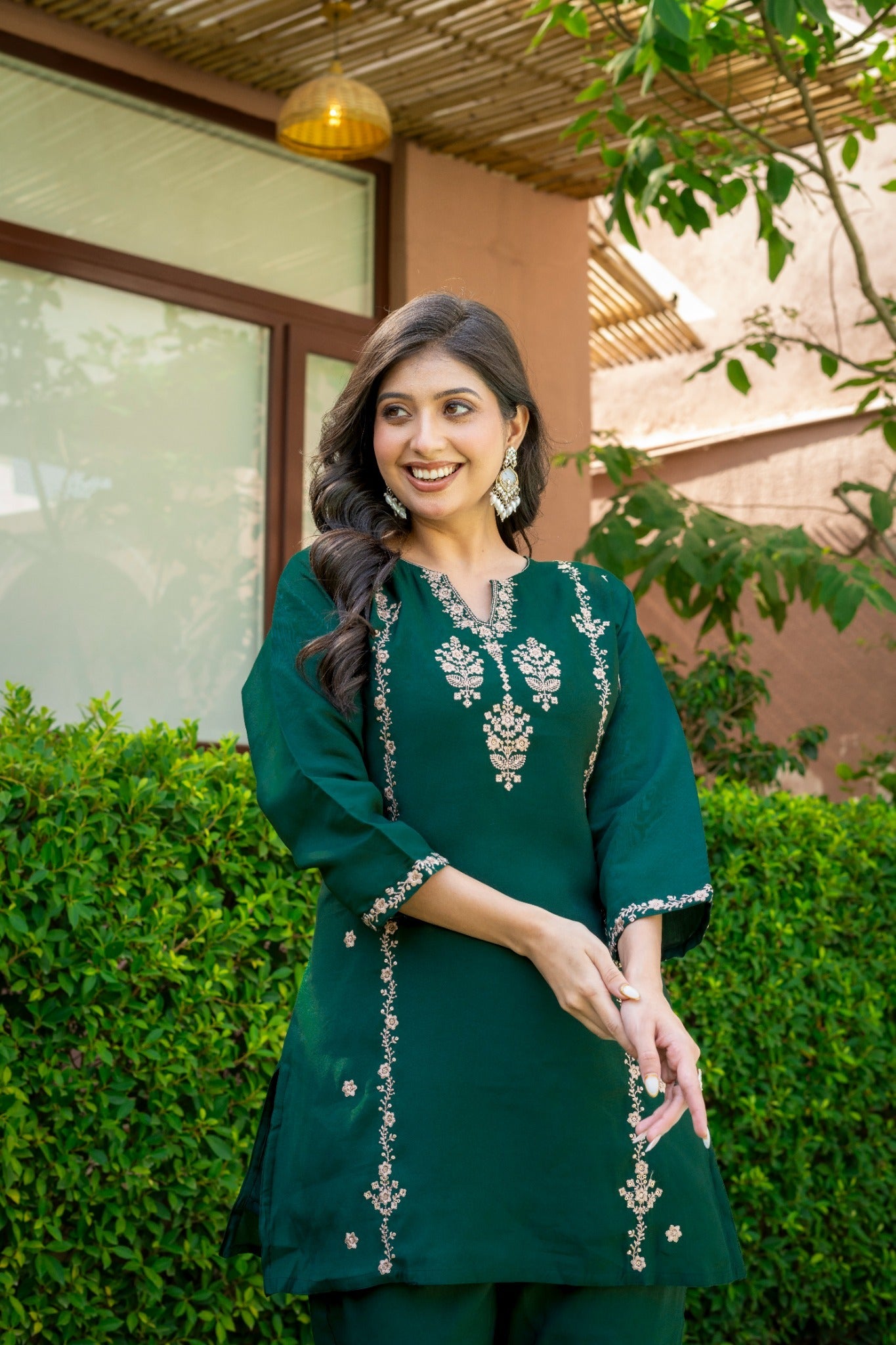Emerald Green Embroidered Co-Ord Set for Women HSDAACSTP000002