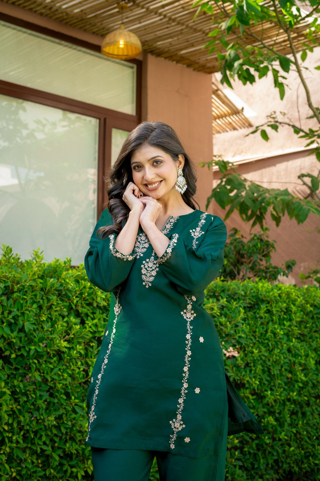 Emerald Green Embroidered Co-Ord Set for Women HSDAACSTP000002