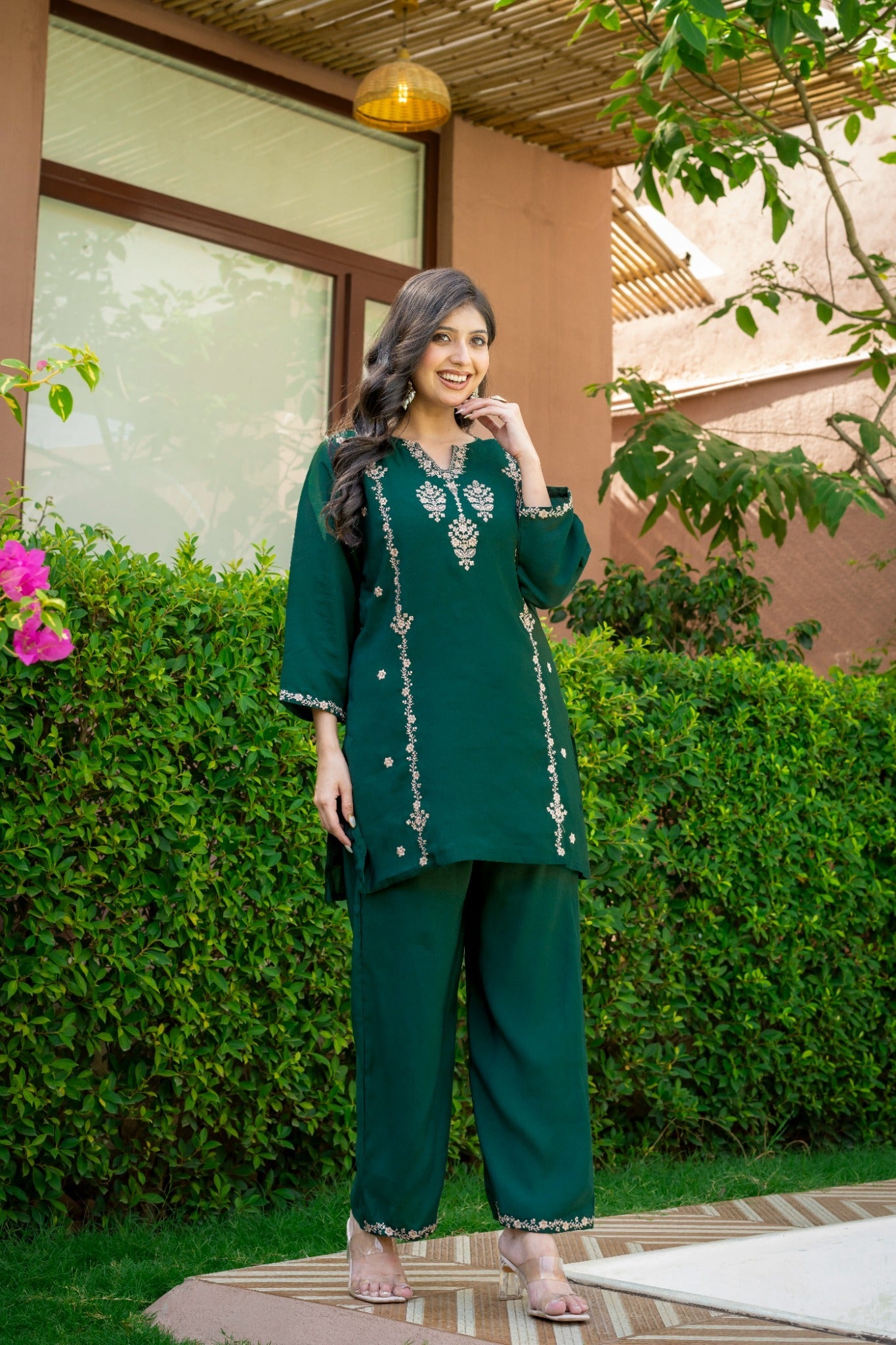 Emerald Green Embroidered Co-Ord Set for Women HSDAACSTP000002